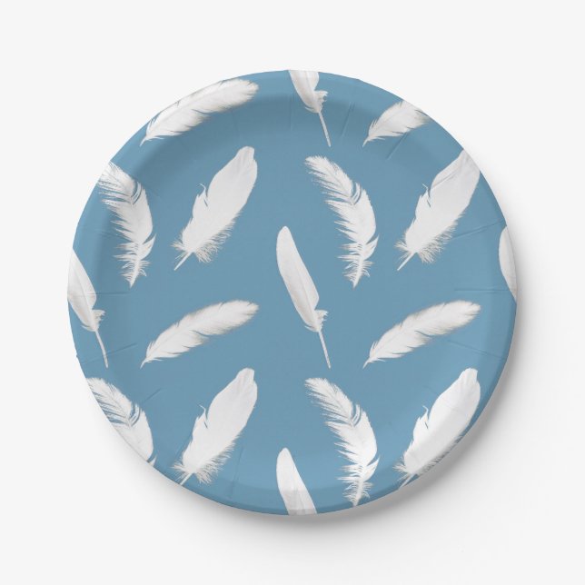 White feather print on light denim blue paper plates (Front)
