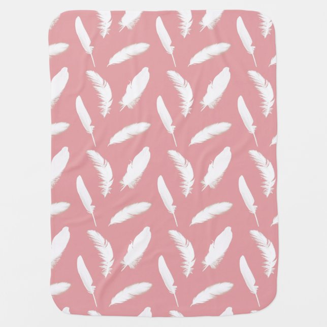 White feather print on shell pink baby blanket (Front)