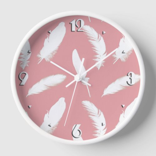 White feather print on shell pink clock