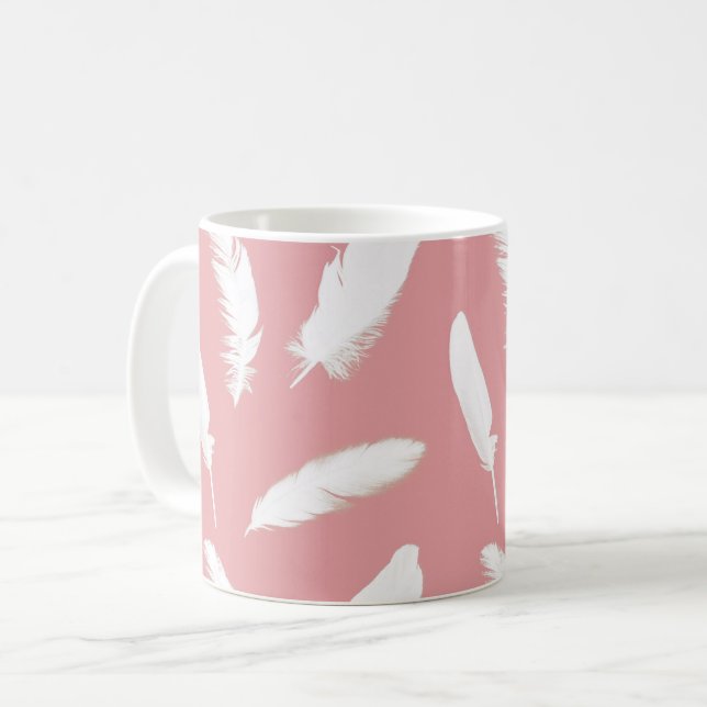 White feather print on shell pink coffee mug (Front Left)