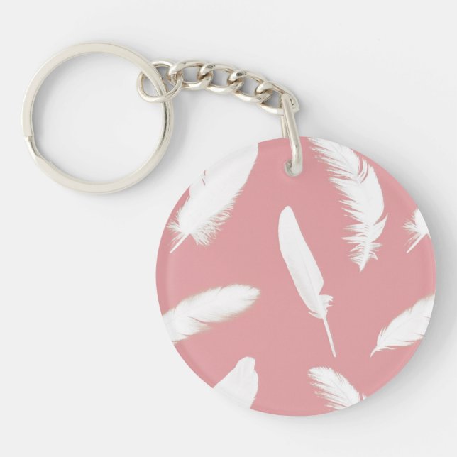 White feather print on shell pink keychain (Front)