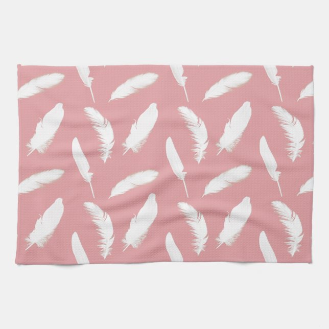 White feather print on shell pink kitchen towel (Horizontal)