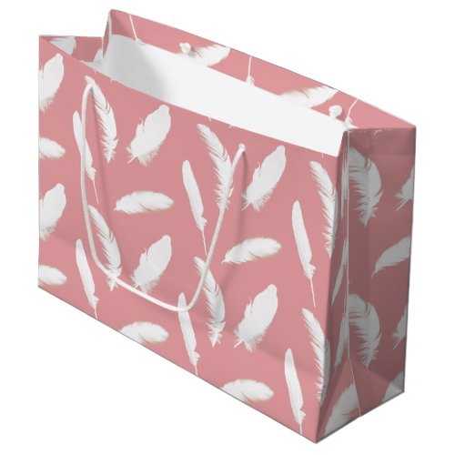 White feather print on shell pink large gift bag