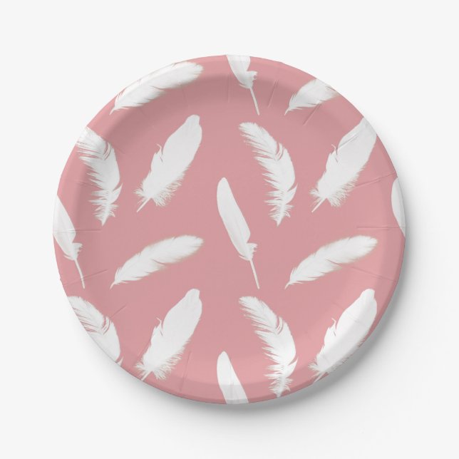 White feather print on shell pink paper plates (Front)