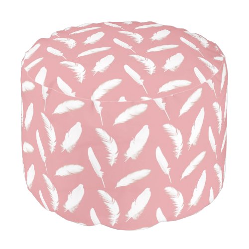 White feather print on shell pink pouf