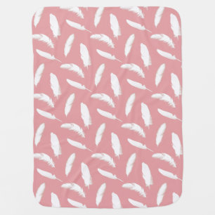 White feather print on shell pink swaddle blanket