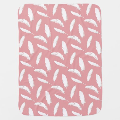 White feather print on shell pink swaddle blanket