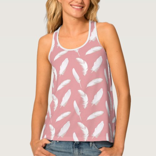 White feather print on shell pink tank top