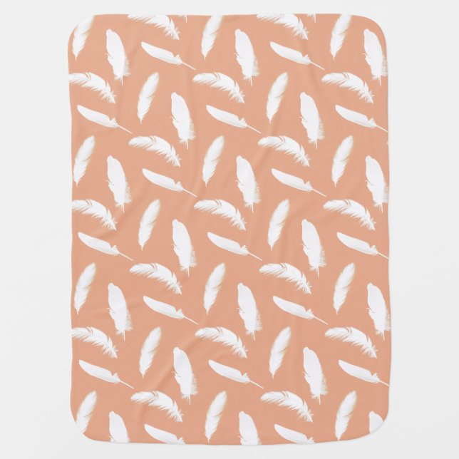 White feather print on soft peach receiving blanket (Front)