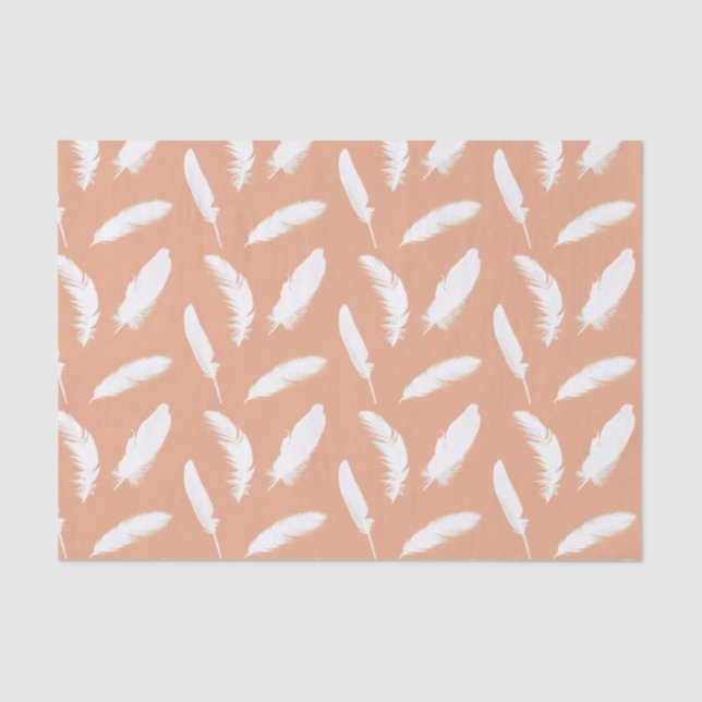 White feather print on soft peach tissue paper (Front)