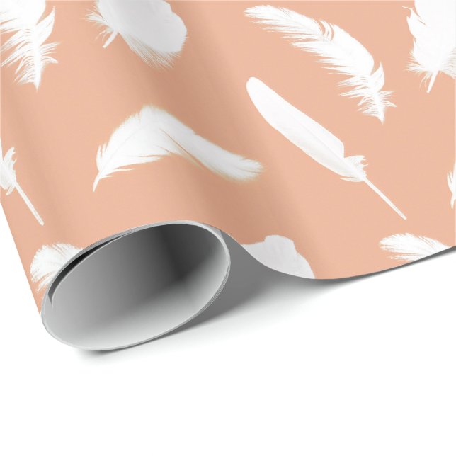 White feather print on soft peach wrapping paper (Roll Corner)