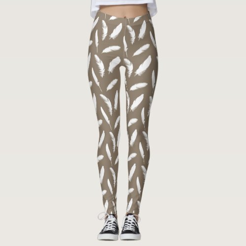 White Feather Print on taupe tan Leggings