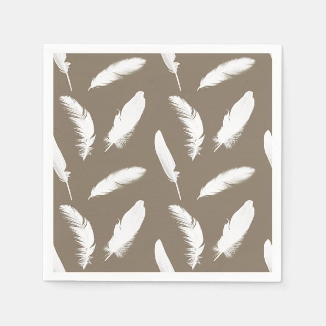 White feather print on taupe tan napkins (Front)