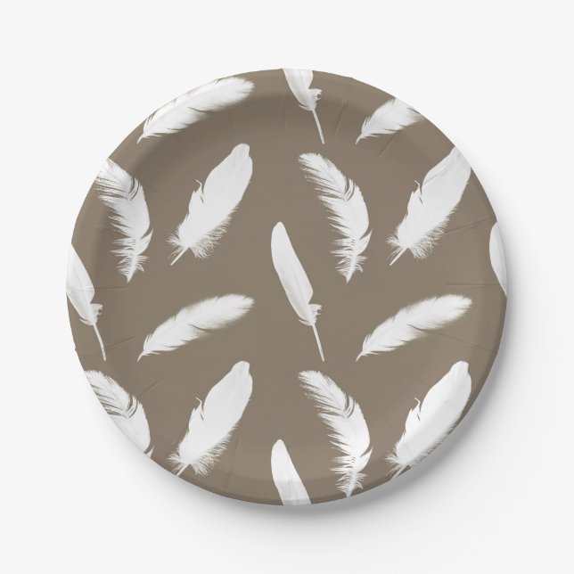 White feather print on taupe tan paper plates (Front)