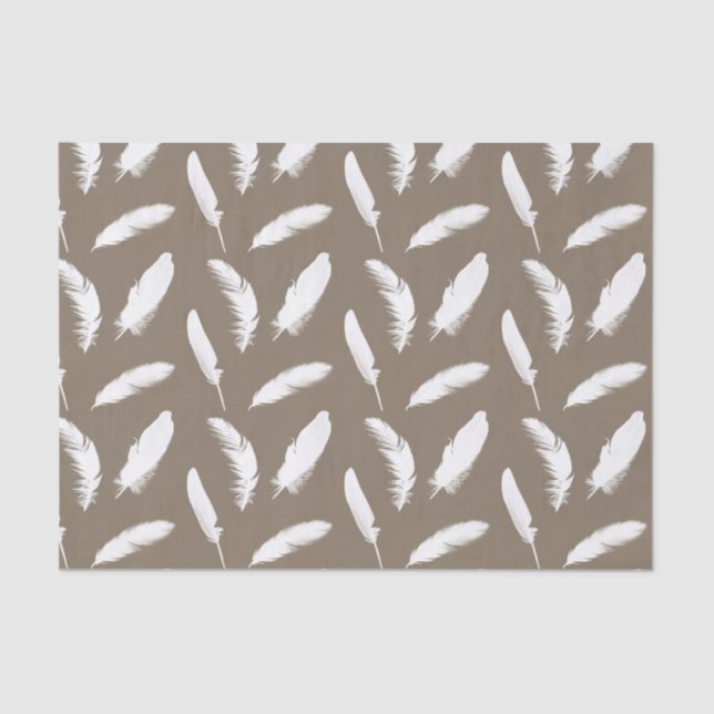 White feather print on taupe tissue paper (Front)