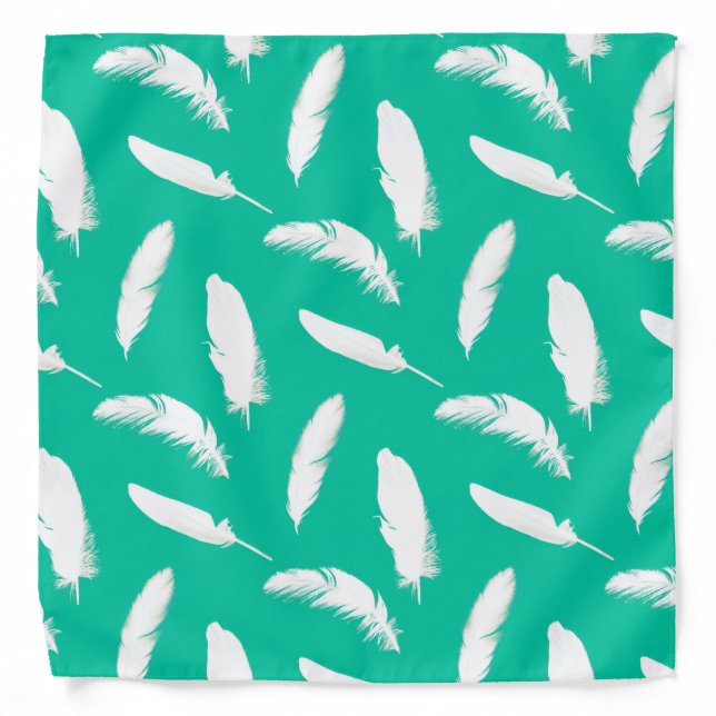 White feather print on turquoise bandana (Front)