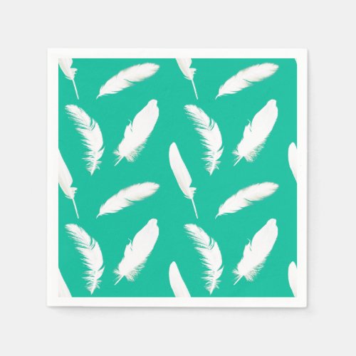 White feather print on turquoise  peacock paper napkins