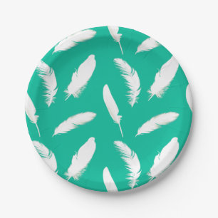 White feather print on turquoise / peacock paper plates