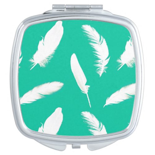 White feather print on turquoise vanity mirror