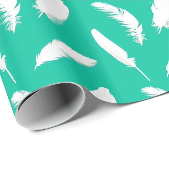 White feather print on turquoise wrapping paper (Roll Corner)