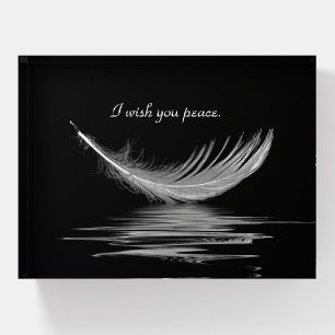 White Feather Reflection on Black Paperweight