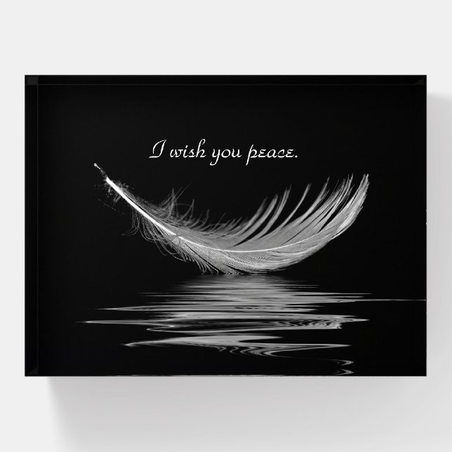 White Feather Reflection on Black Paperweight (Front)