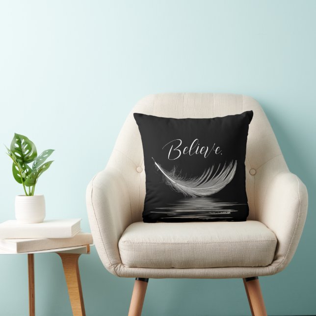 White Feather Reflection on Black Throw Pillow (Chair)