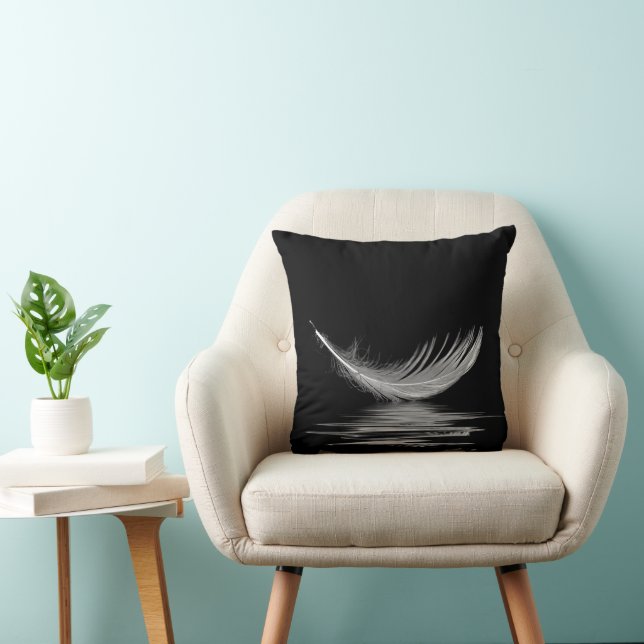 White Feather Reflection on Black  Throw Pillow (Chair)