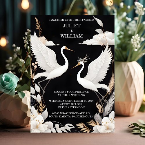 White Feather Rustic Asian Sky Cloud Crane Wedding Invitation