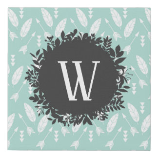 White Feathers and Arrows Pattern with Monogram Faux Canvas Print