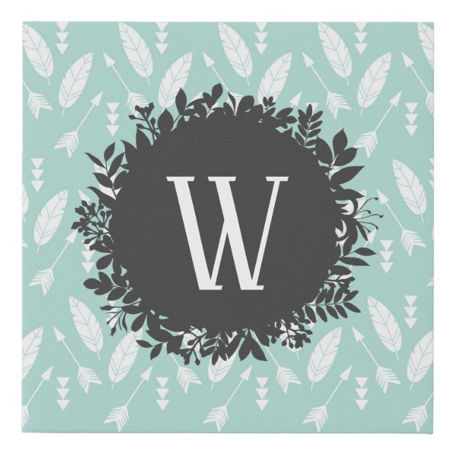 White Feathers and Arrows Pattern with Monogram Faux Canvas Print (Front)