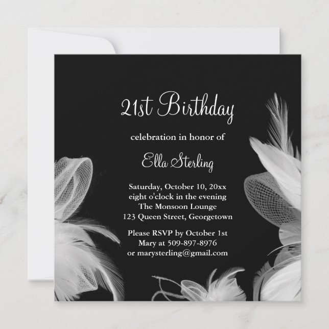 White Feathers Birthday Invitation (Front)