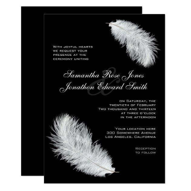 White Feathers Black Wedding Invitation