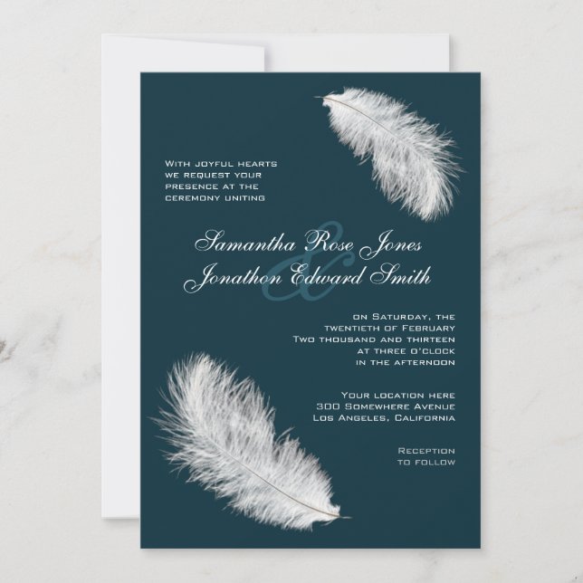White Feathers Dark Teal Wedding Invitation (Front)