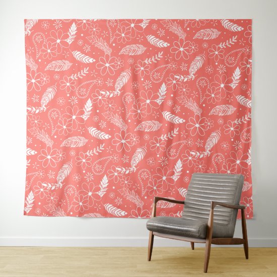 white feathers doodle flowers paisley on coral tapestry