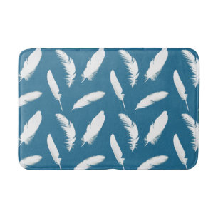 White Feathers on Denim Blue Bath Mat