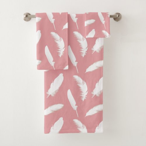 White Feathers on Shell Pink Bath Towel Set