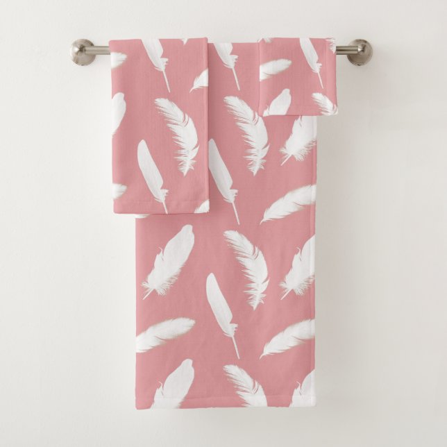 White Feathers on Shell Pink Bath Towel Set (Insitu)