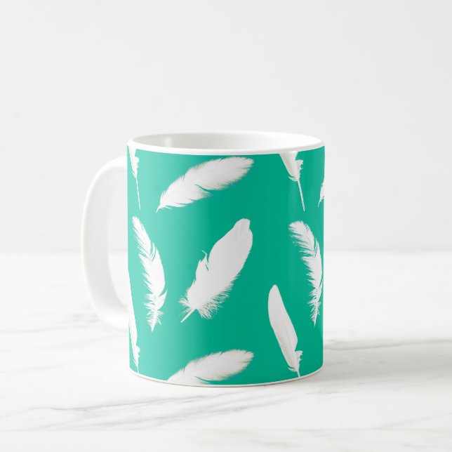 White Feathers on Turquoise  Coffee Mug (Front Left)