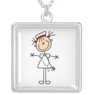 White Female Stick Figure Nurse 2 Silver Plated Necklace