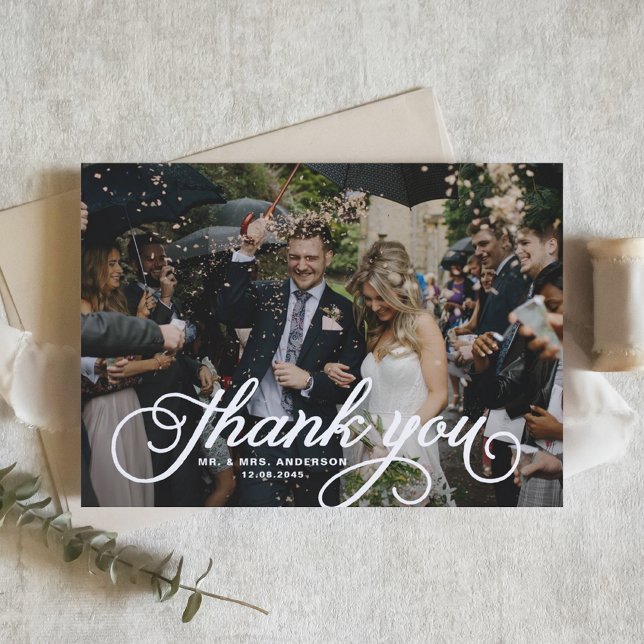 White Feminine Script Photo Wedding Thank You Postcard (Creator Uploaded)