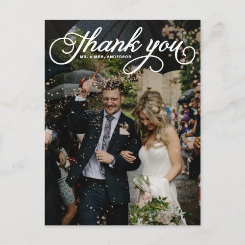 White Feminine Script Photo Wedding Thank You Postcard