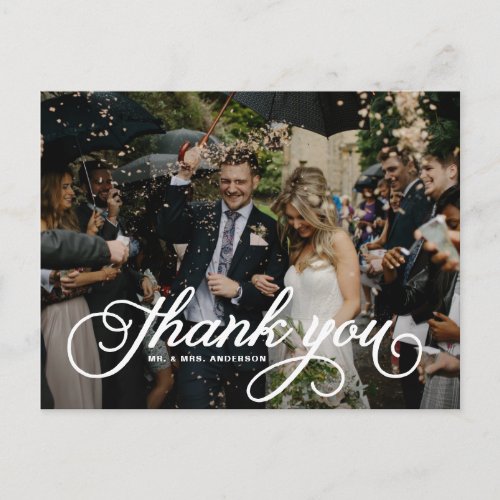 White Feminine Script Photo Wedding Thank You Postcard