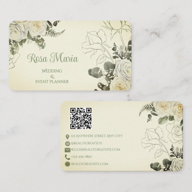 White Feminine Watercolor Floral Event Planner Business Card (Front/Back)