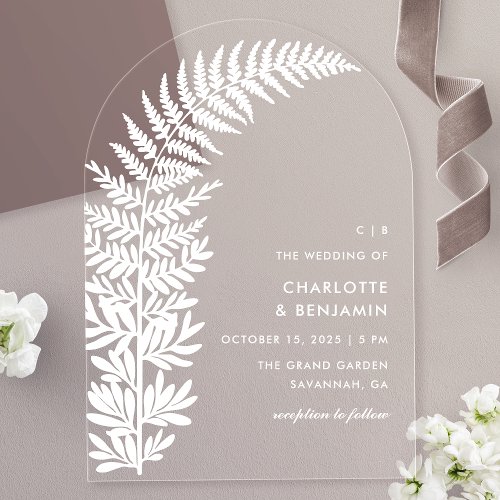 White Fern Modern Minimalist Arch Wedding Acrylic Invitations