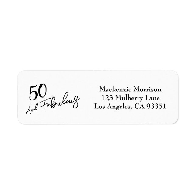 White Fifty and Fabulous Script Birthday Party Label (Front)