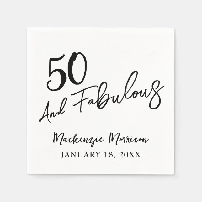 White Fifty and Fabulous Script Birthday Party Napkins (Front)