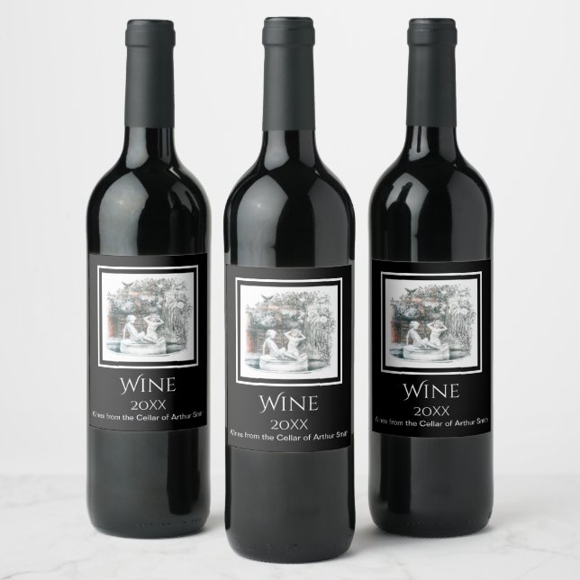 White figures of the girls of the city fountain wine label (Bottles)