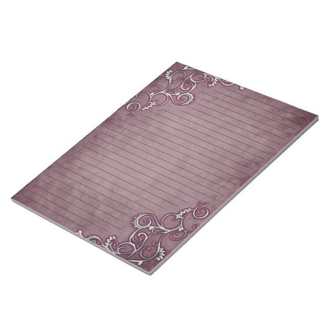 White Filigree on Distressed Burgundy Lined Paper Notepad (Angled)