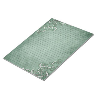 White Filigree on Moss Sage Green Lined Stationery Notepad